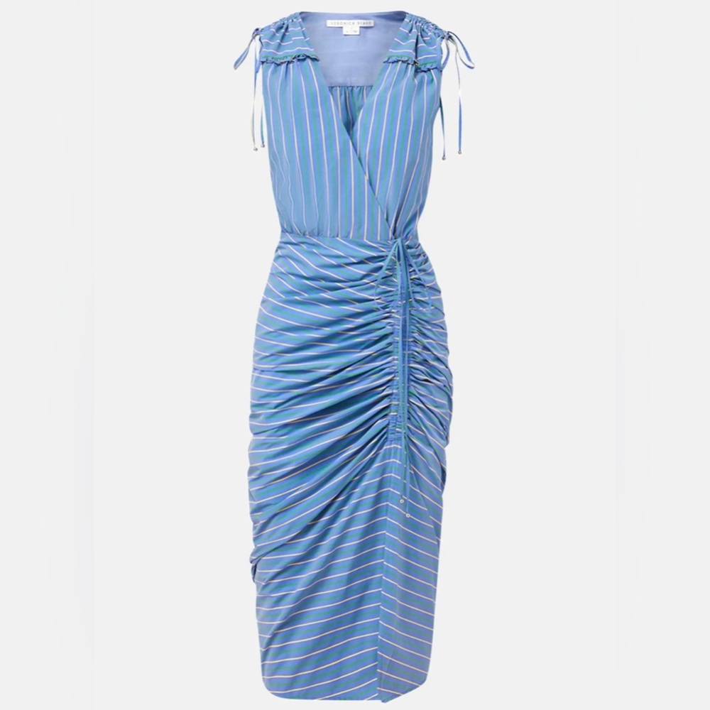 Veronica Beard Teagan Stripe Ruched V-Neck Midi Blue Kelly Green Dress NWT